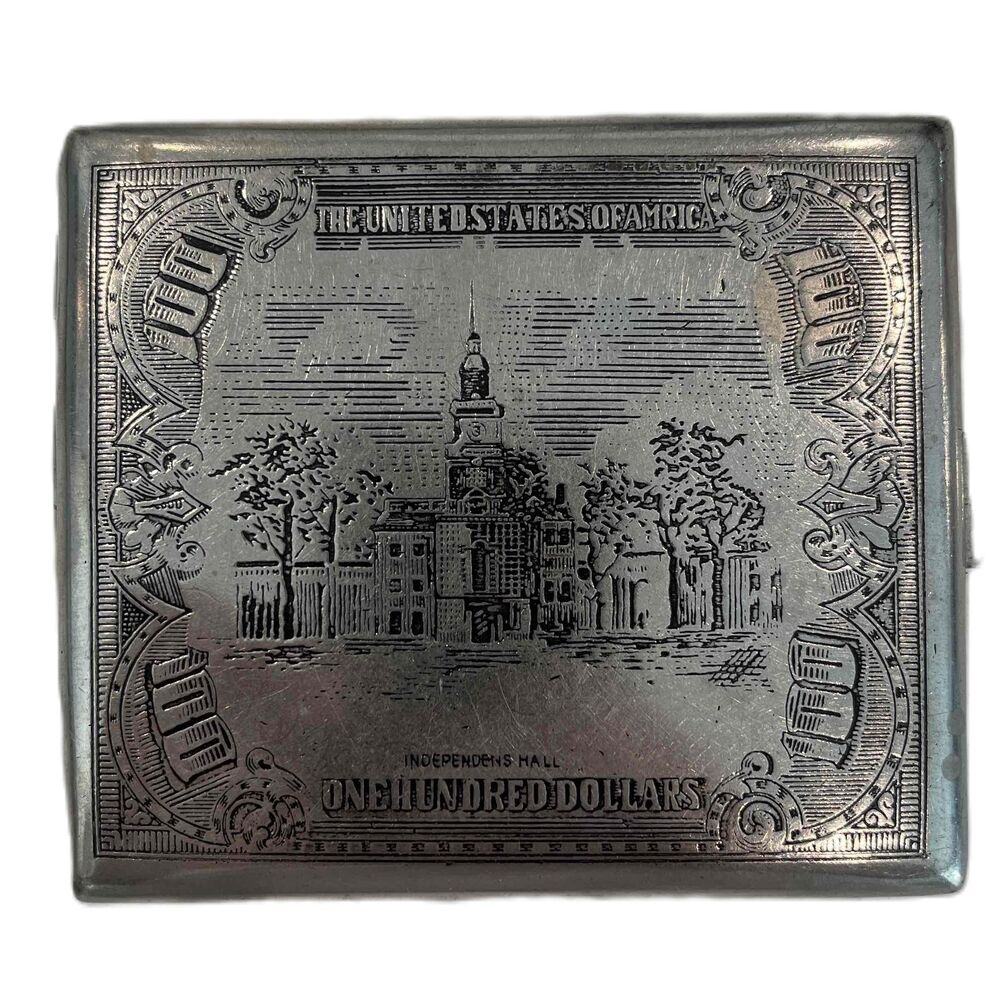 Vintage Collectible Metallic Americana Cigarette Case Benjamin Franklin $100